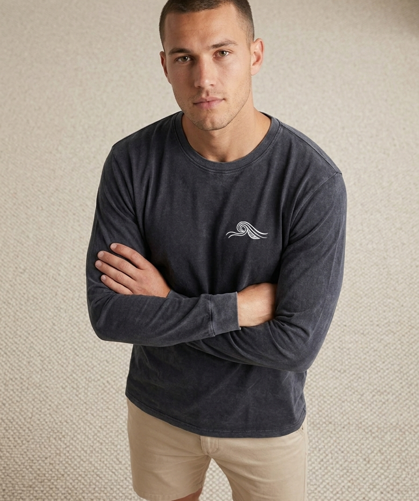 Long T-Shirt – Wave Front Print - Stone Wash Black – front view