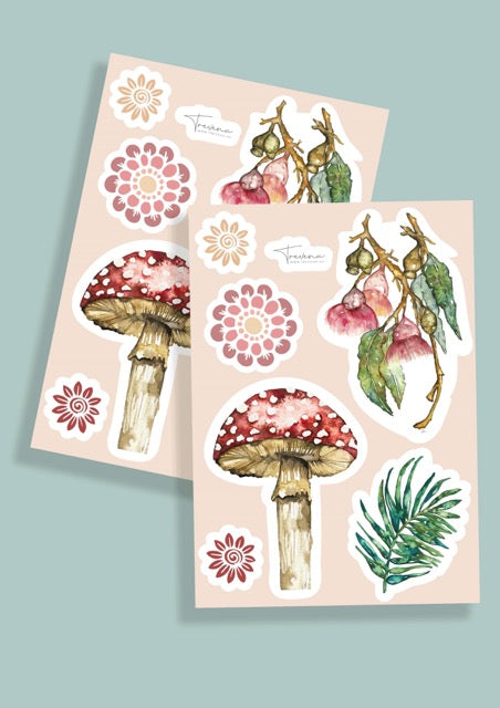 Nature Sticker Sheet-  Woodland Mushorrom and Bottle Brush Watercolour