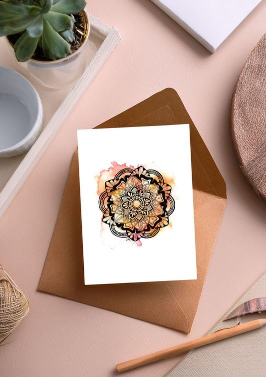 Summer Mandala Greeting Card – Pink and Orage Watercolour with Geometric Ink Drawing