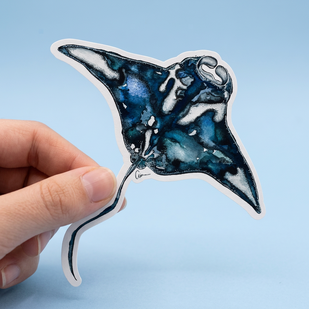 Manta Ray Watercolour Illustration Vinyl Sticker
