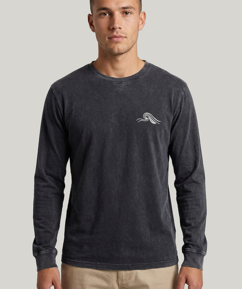 Long T-Shirt – Wave Front Print - Stone Wash Black
