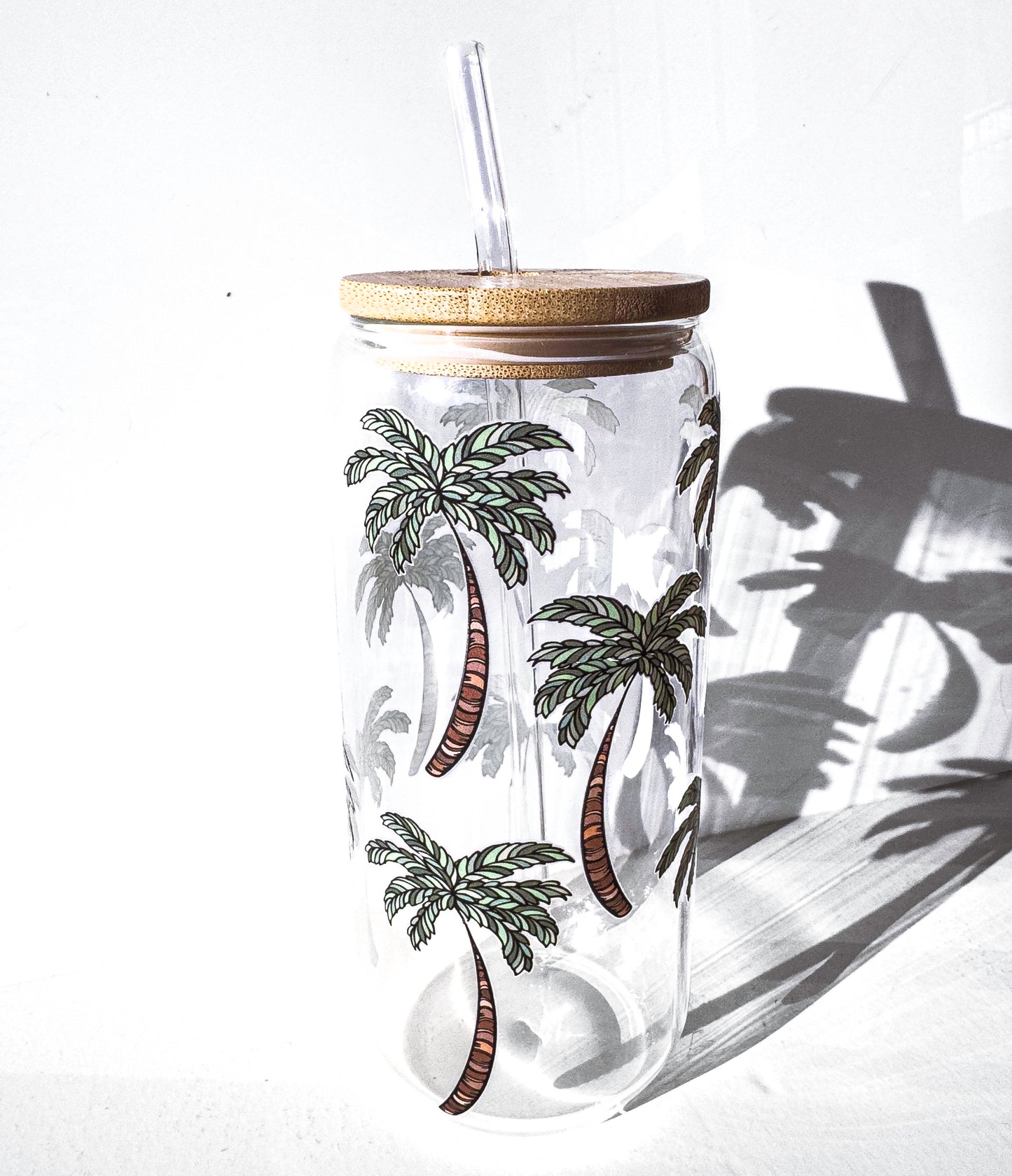 Palm Tree Glass Tumblers Drinking Cup with Lid - Hand Drawn Illustraion UV DTF Stickers – close up detail