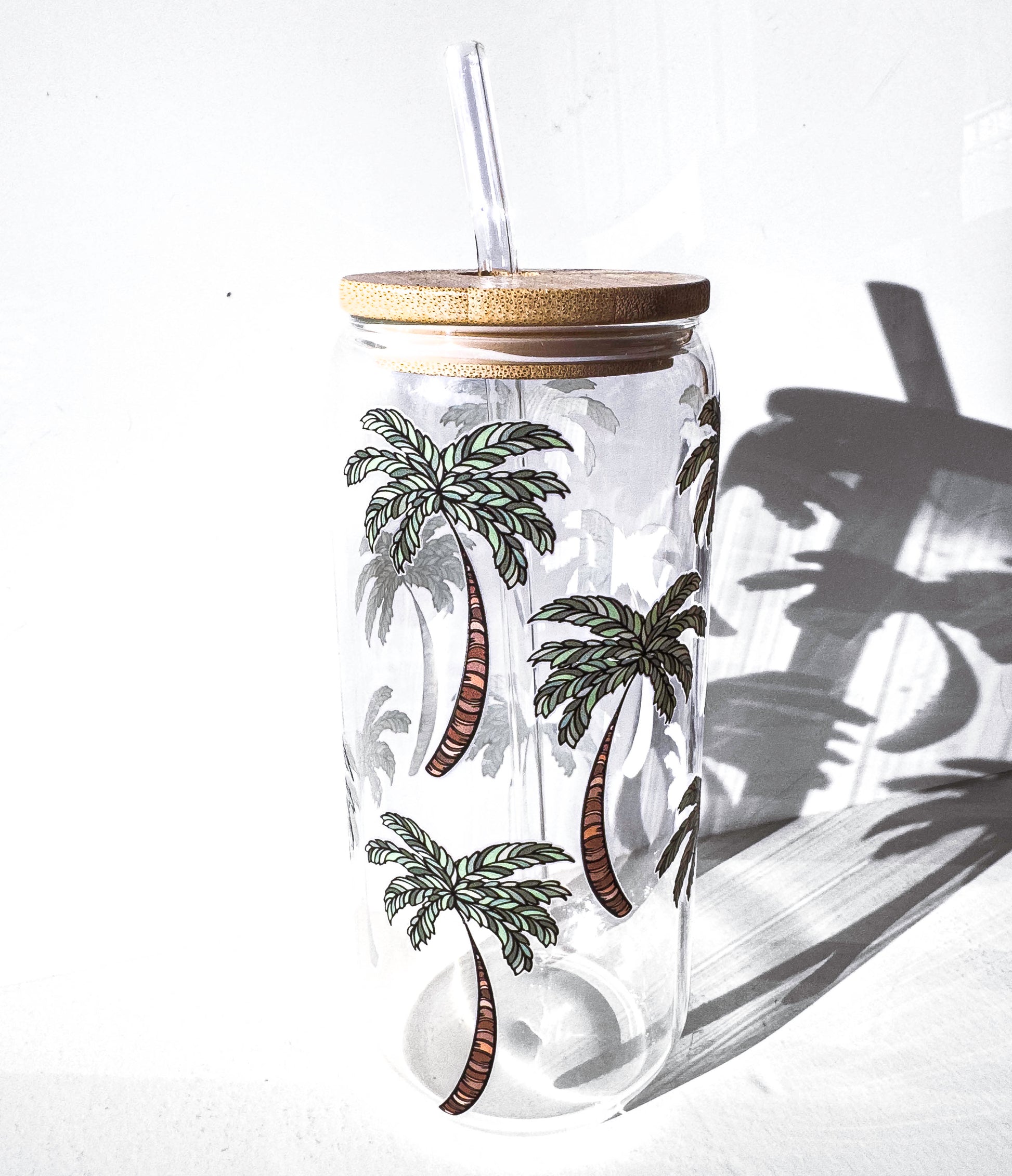 Palm Tree Glass Tumblers Drinking Cup with Lid - Hand Drawn Illustraion UV DTF Stickers – close up detail