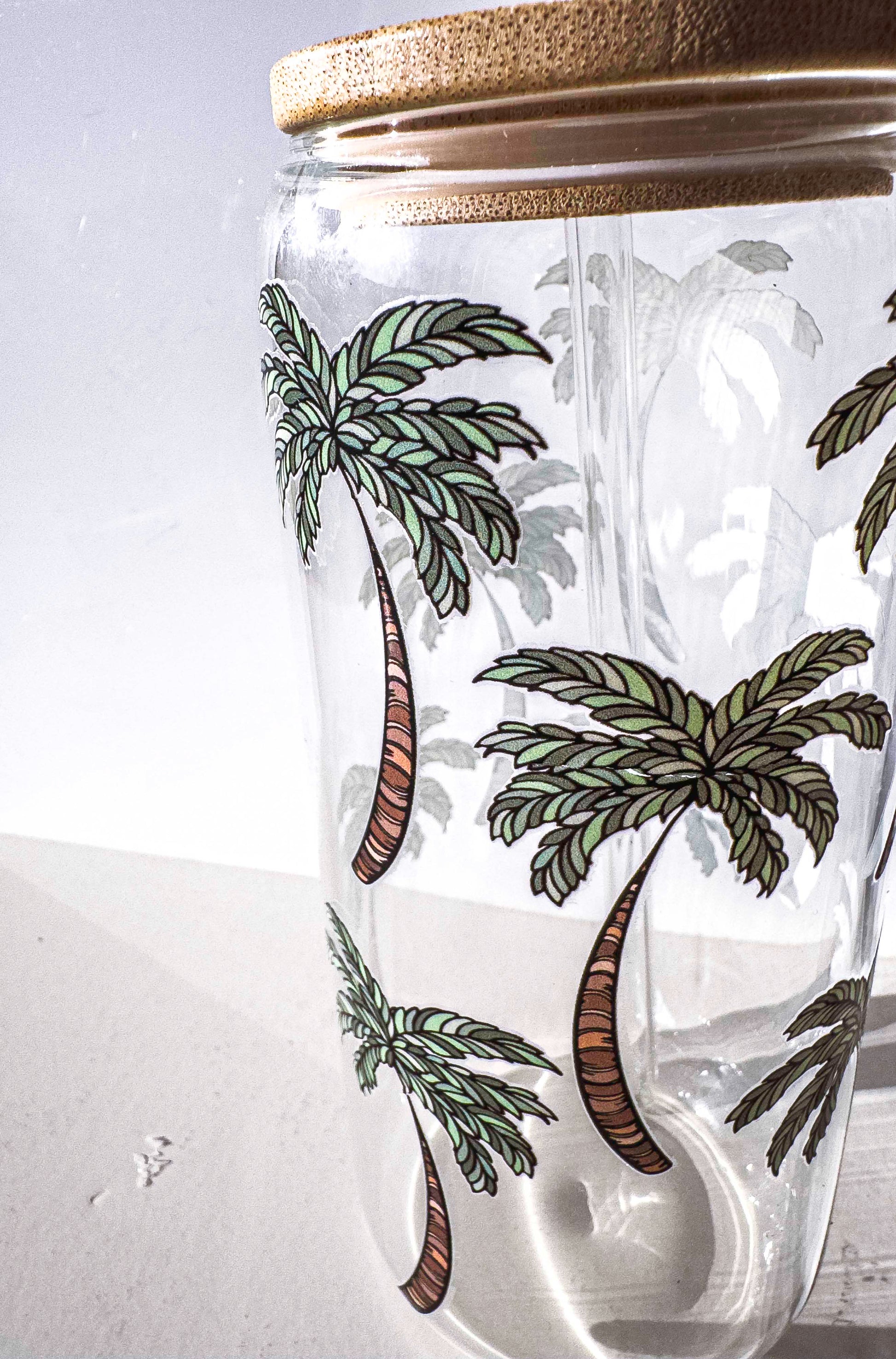 Palm Tree Glass Tumblers Drinking Cup with Lid - Hand Drawn Illustraion UV DTF Stickers – full view