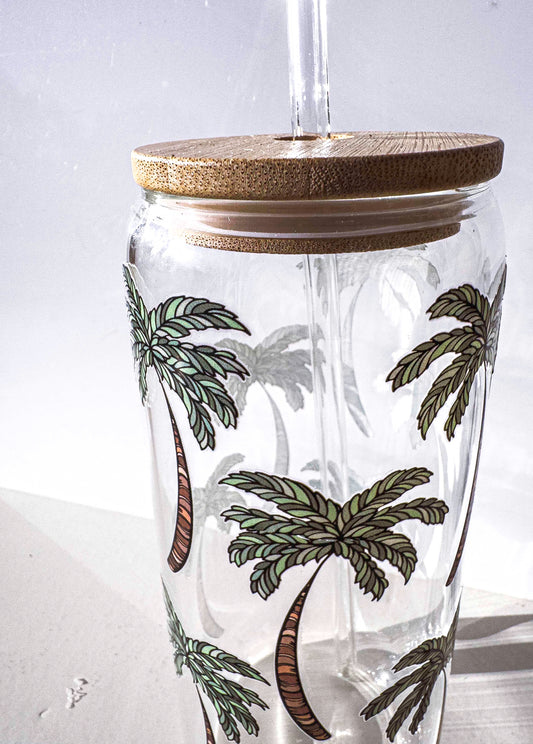 Palm Tree Glass Tumblers Drinking Cup with Lid - Hand Drawn Illustraion UV DTF Stickers