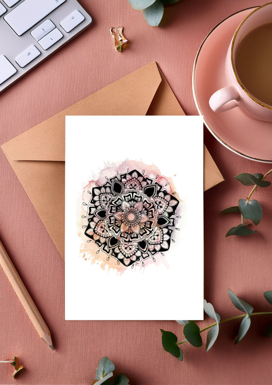 Pink Mandala Greeting Card – Pastel Watercolour with Geometric Drawing