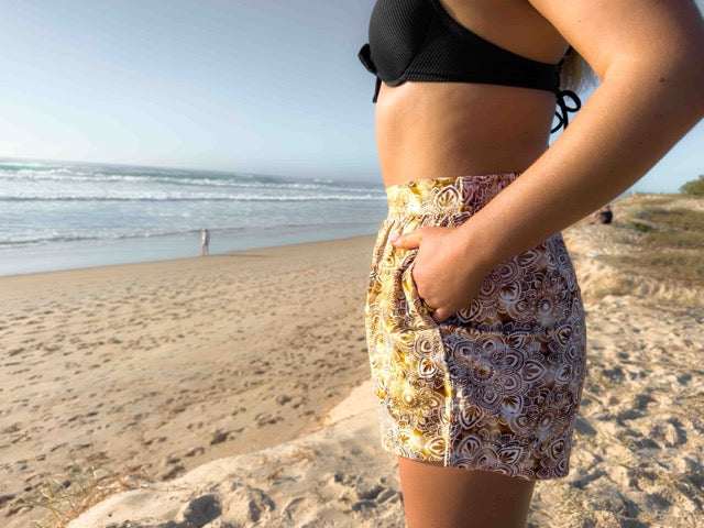 Linen Shorts -  High Waisted Relaxed Pocket Shorts - Brown Watercolour Patterned Mandala Print