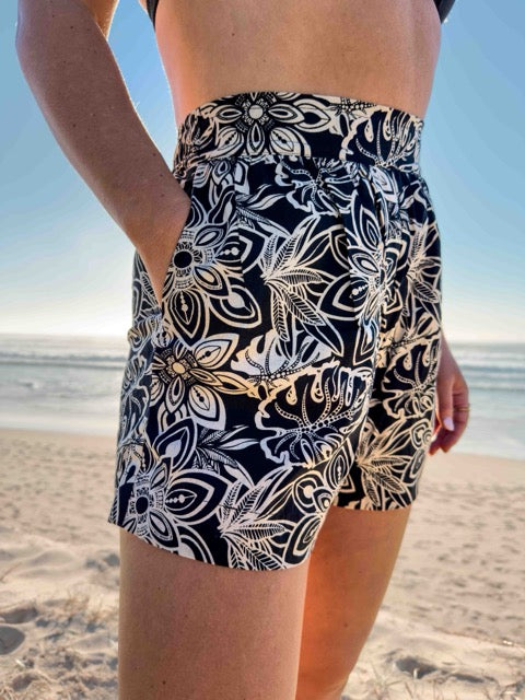 Linen Shorts -  High Waisted Relaxed Pocket Shorts - Black with Beige Mandala Pattern