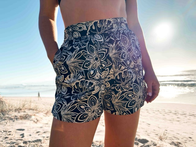 Linen Shorts -  High Waisted Relaxed Pocket Shorts - Black with Beige Mandala Pattern