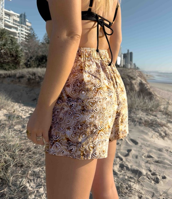 Linen Shorts -  High Waisted Relaxed Pocket Shorts - Brown Watercolour Patterned Mandala Print
