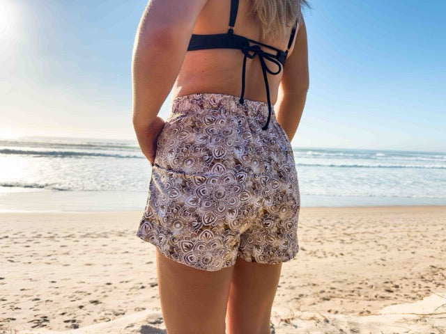 Linen Shorts -  High Waisted Relaxed Pocket Shorts - Brown Watercolour Patterned Mandala Print