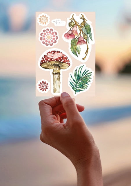 Nature Sticker Sheet-  Woodland Mushorrom and Bottle Brush Watercolour – close up detail