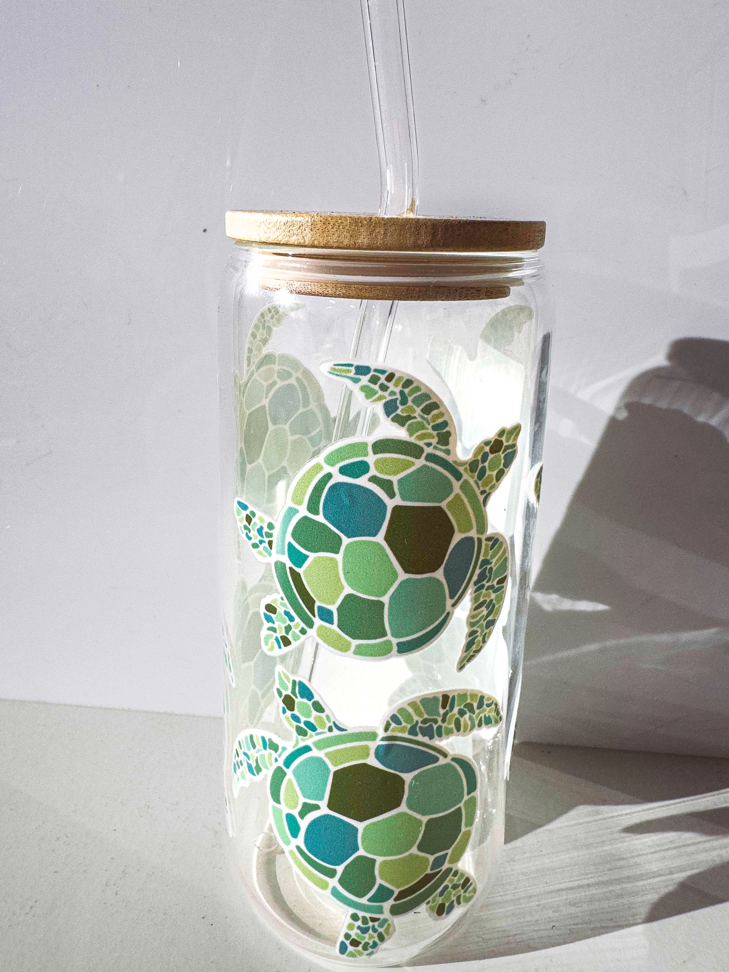 Turtle Glass Tumblers Drinking Cup with Lid - Hand Drawn Illustraion UV DTF stickers – framed