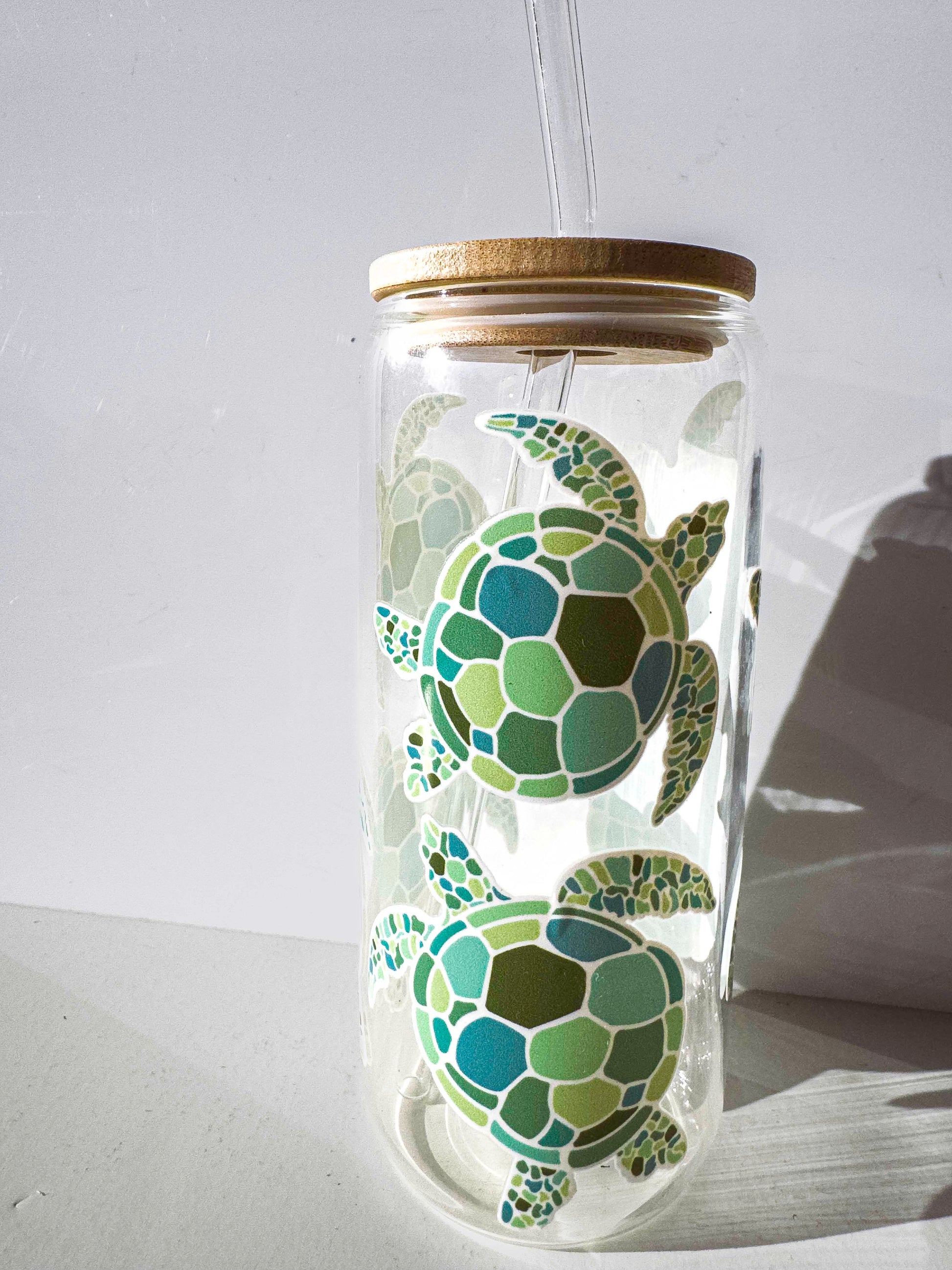 Turtle Glass Tumblers Drinking Cup with Lid - Hand Drawn Illustraion UV DTF stickers – view 6
