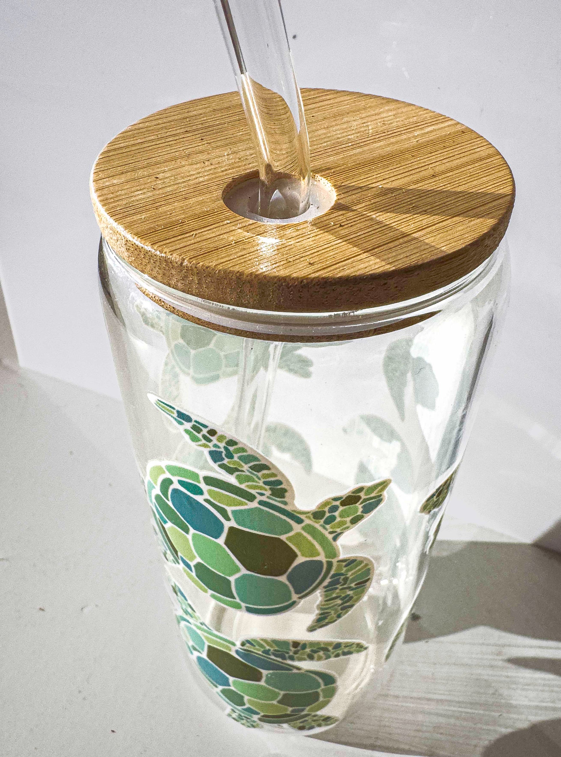 Turtle Glass Tumblers Drinking Cup with Lid - Hand Drawn Illustraion UV DTF stickers – close up detail
