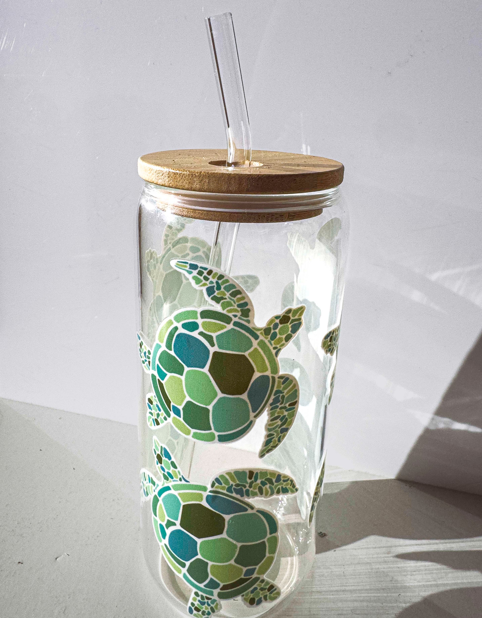 Turtle Glass Tumblers Drinking Cup with Lid - Hand Drawn Illustraion UV DTF stickers