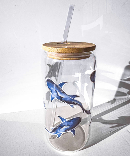 Shark Glass Tumblers Drinking Cup with Lid - Hand Drawn Illustraion UV DTF Stickers