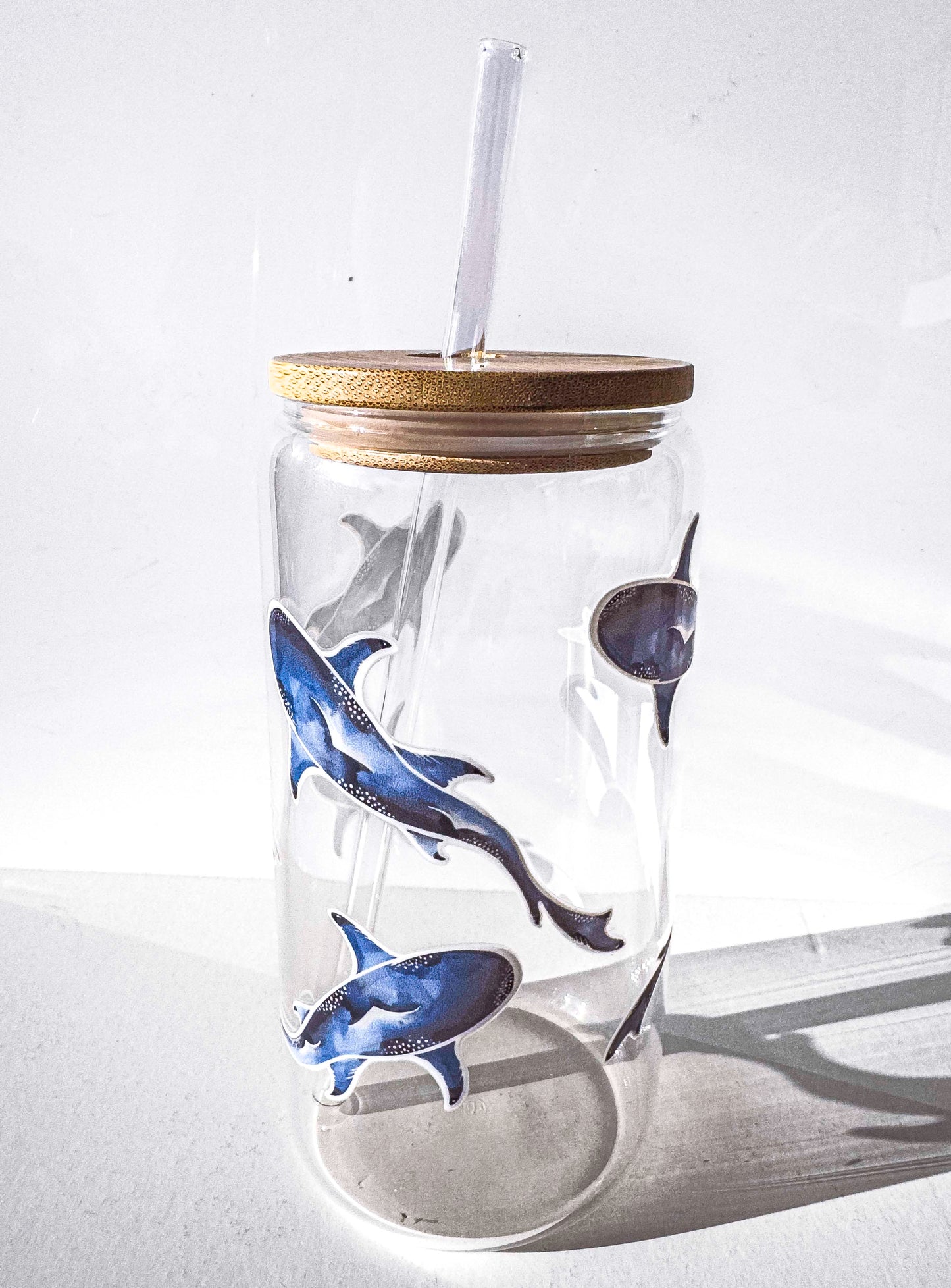 Shark Glass Tumblers Drinking Cup with Lid - Hand Drawn Illustraion UV DTF Stickers – close up detail