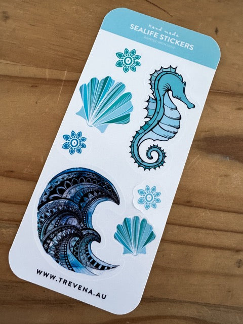 Ocean Sticker Sheet-  Wave, Seahorse, Shell Illustration Watercolour – close up detail