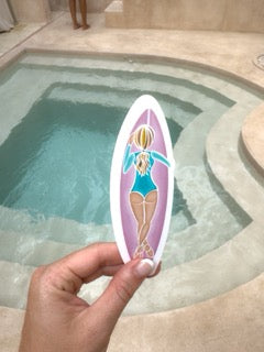 Surfer Girl Paddeling Vinyl Sticker -  Pink Surf Board