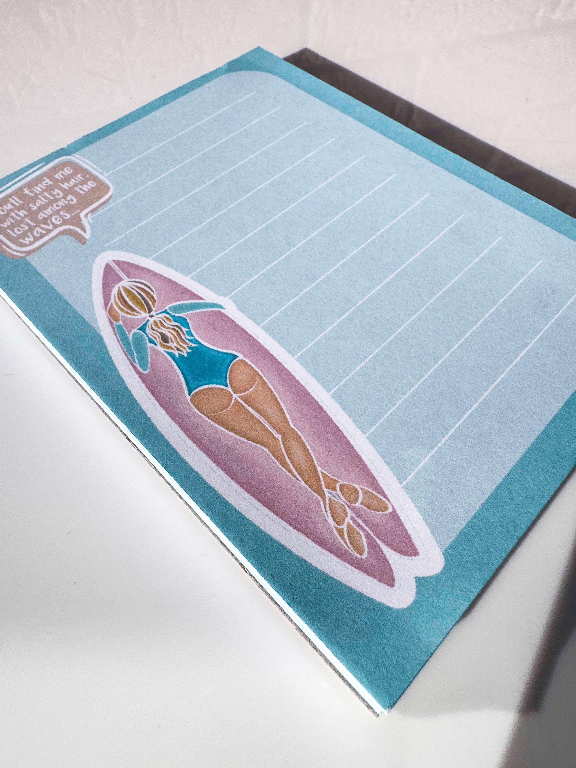 Surfer Girl Note Pad – Cute Quote Surf Chick Art Illustration – close up detail