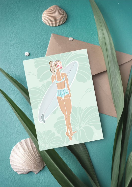 Surfer Girl Greeting Card – Tropical Hibiscus Surfer Chick Illustration
