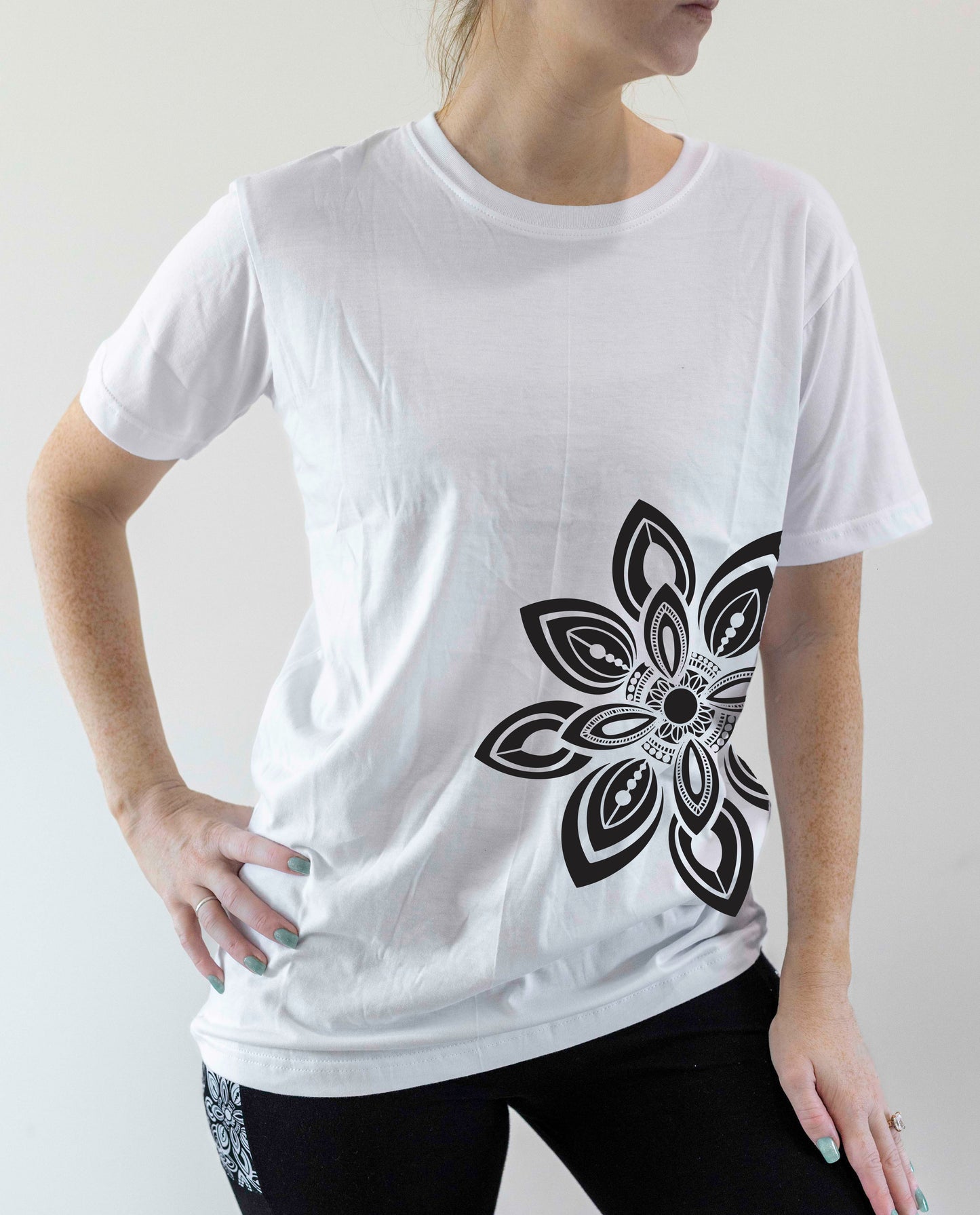 100% Cotton T-Shirt – White Hand Drawn Mandala Graphic