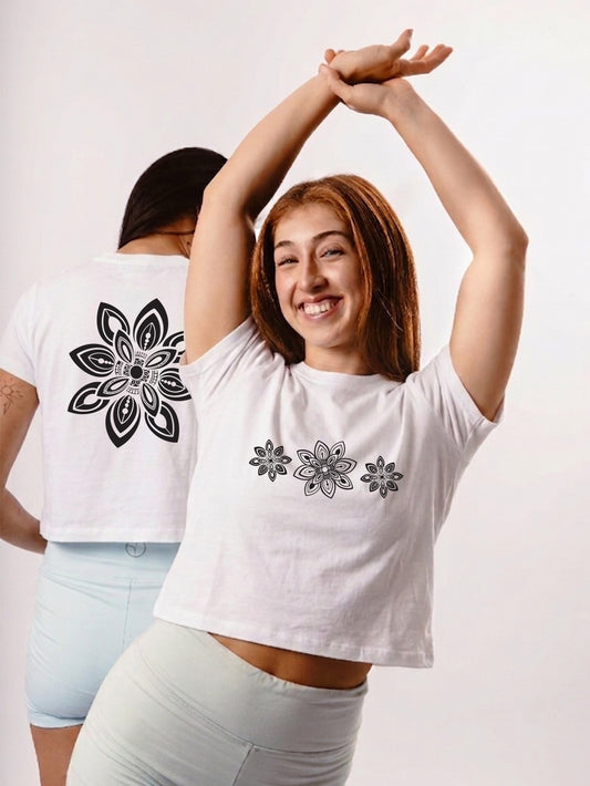 Mandala T-shirts Hand Drawn White Graphic Cropped Tee - 100% Cotton