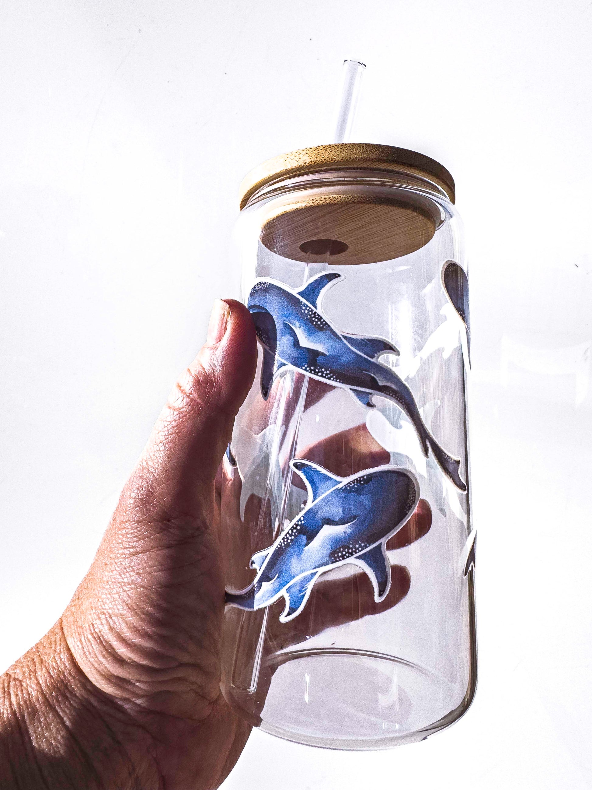 Shark Glass Tumblers Drinking Cup with Lid - Hand Drawn Illustraion UV DTF Stickers – full view