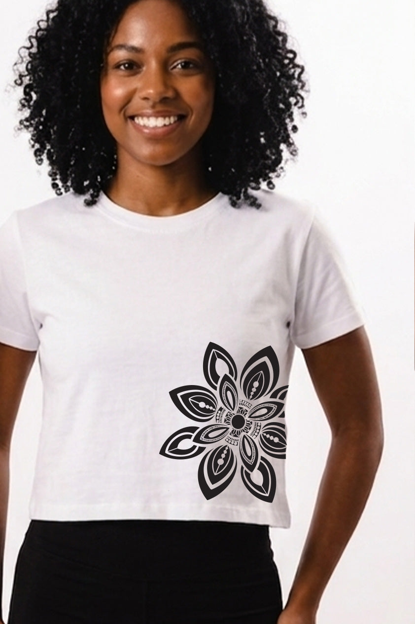 Mandala T-shirts Hand Drawn White Graphic Cropped Tee - 100% Cotton