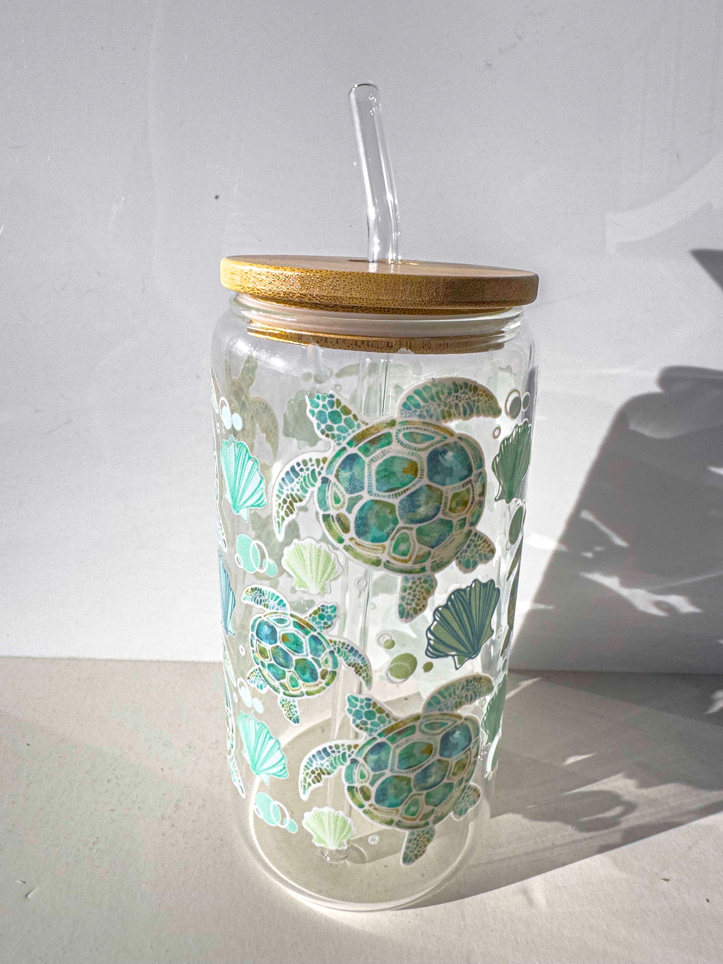 Turtle Glass Tumblers Drinking Cup with Lid - Hand Drawn Illustraion UV DTF stickers – full view