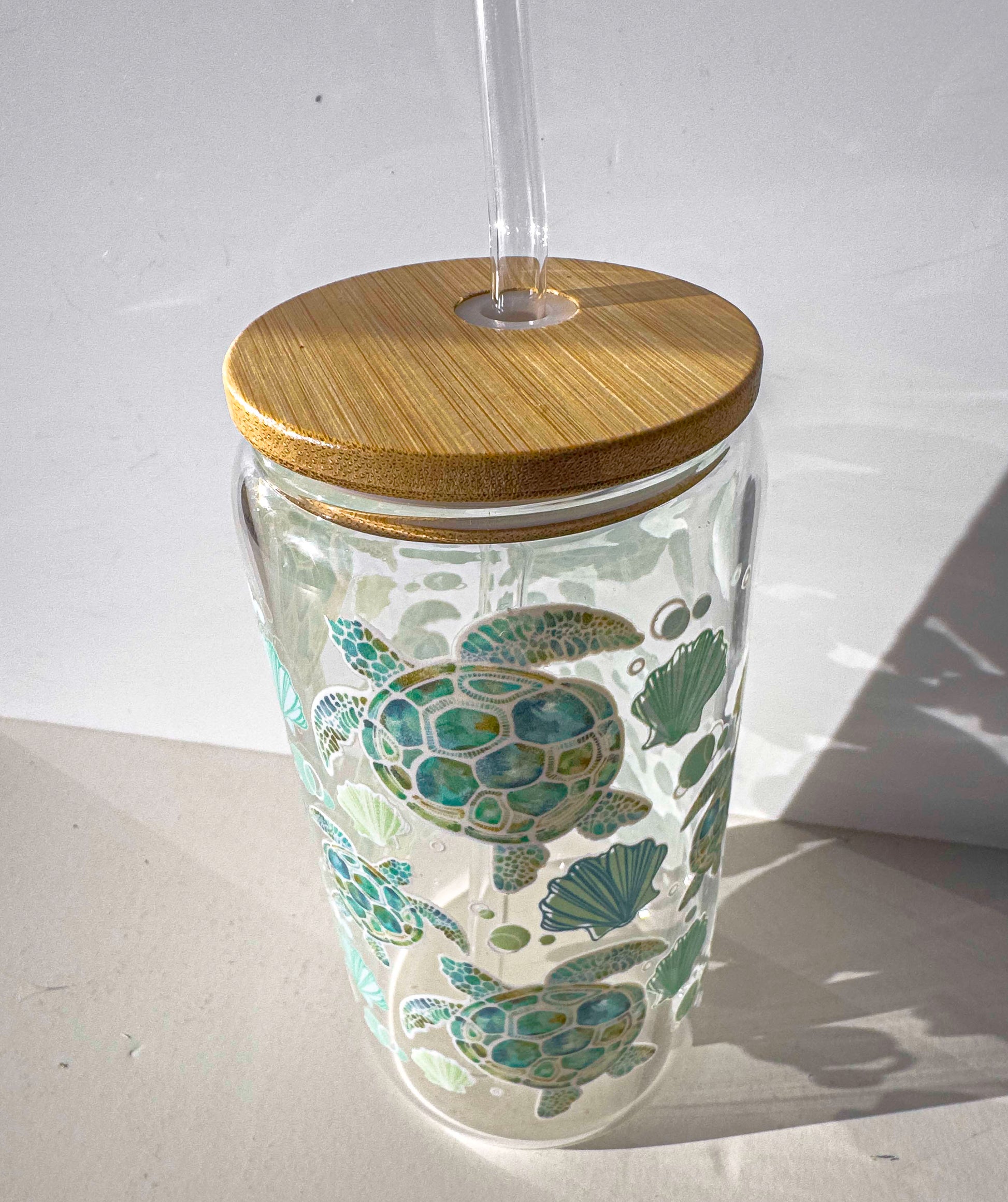 Turtle Glass Tumblers Drinking Cup with Lid - Hand Drawn Illustraion UV DTF stickers – view 7