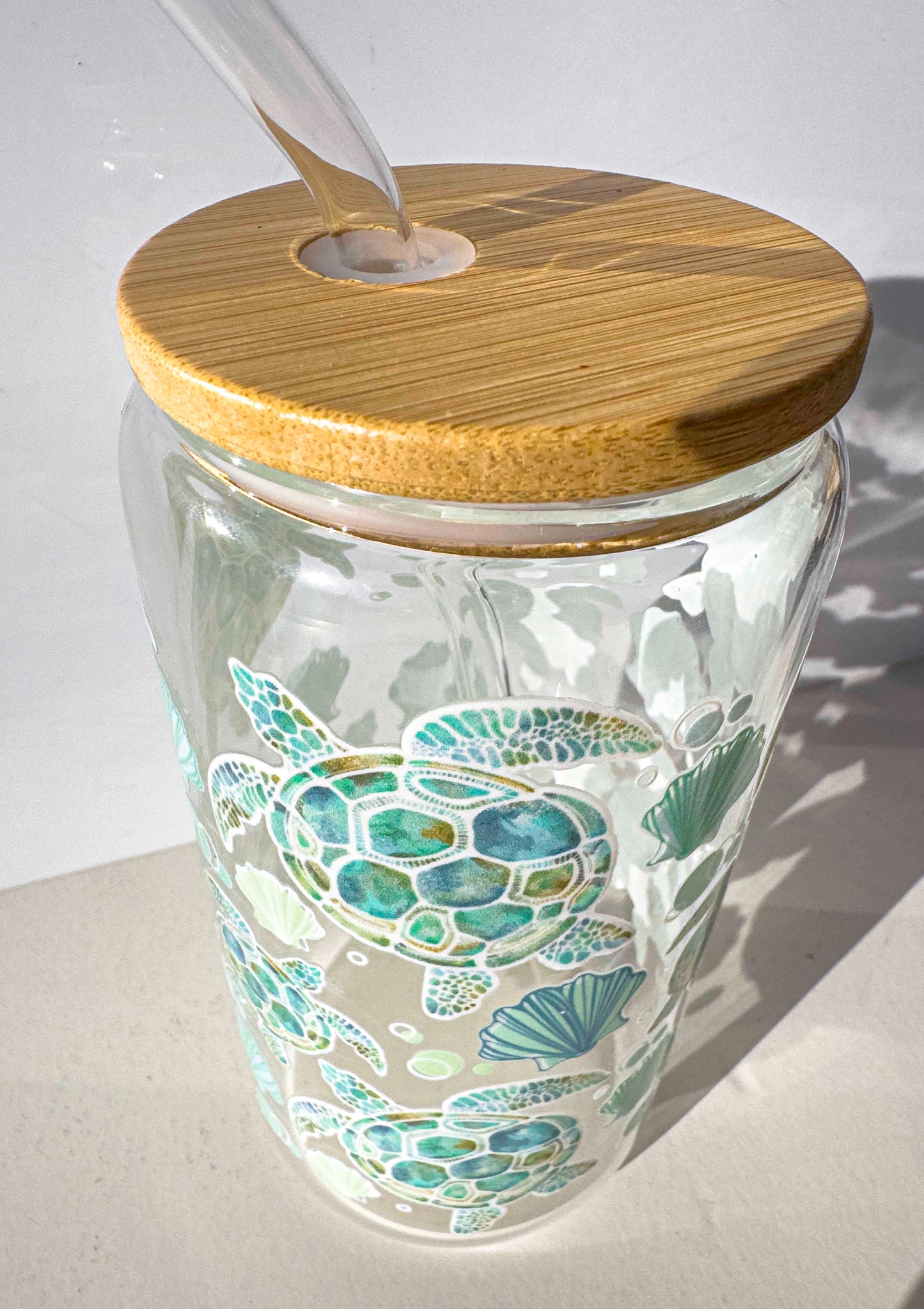 Turtle Glass Tumblers Drinking Cup with Lid - Hand Drawn Illustraion UV DTF stickers – detail