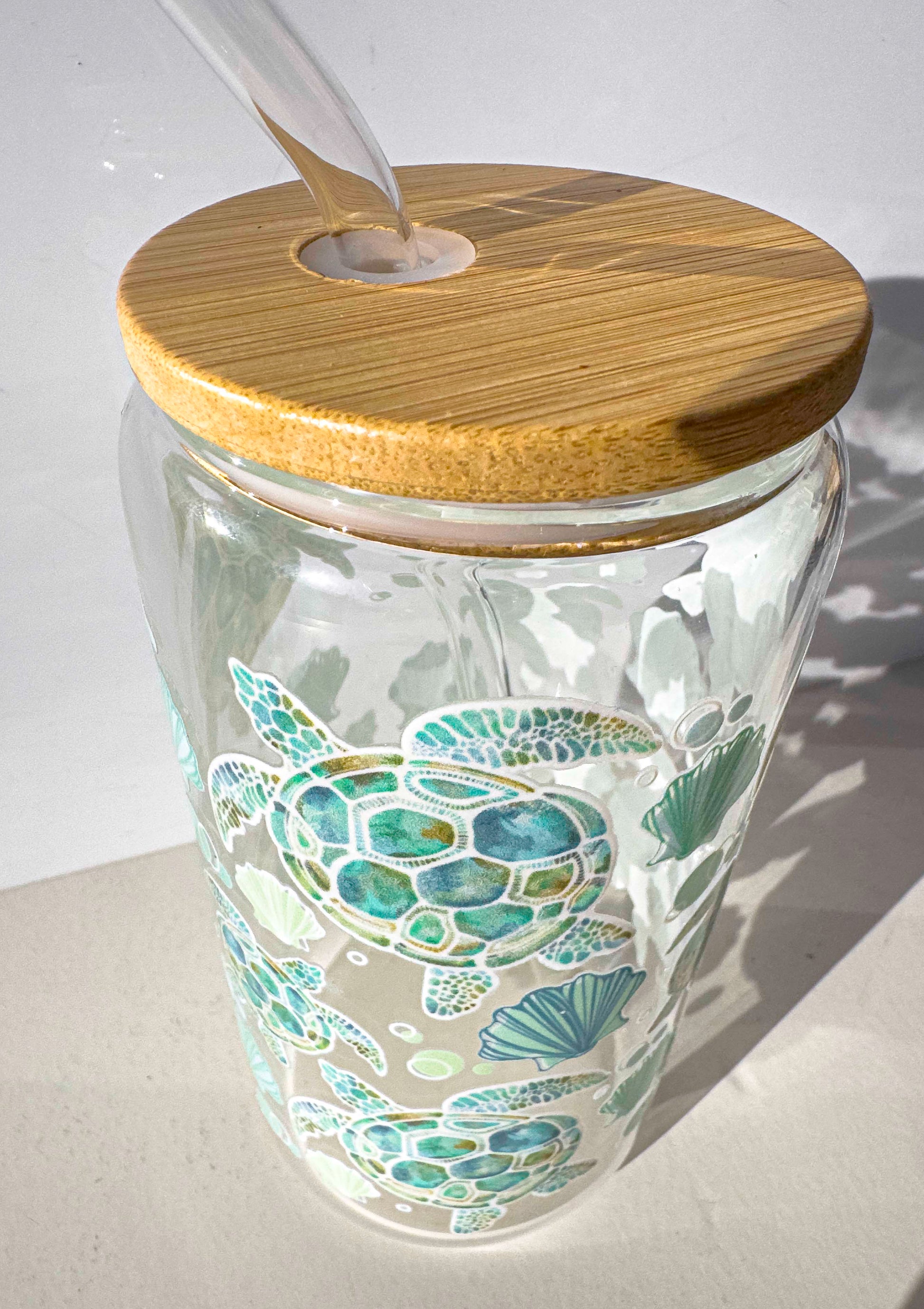 Turtle Glass Tumblers Drinking Cup with Lid - Hand Drawn Illustraion UV DTF stickers – detail