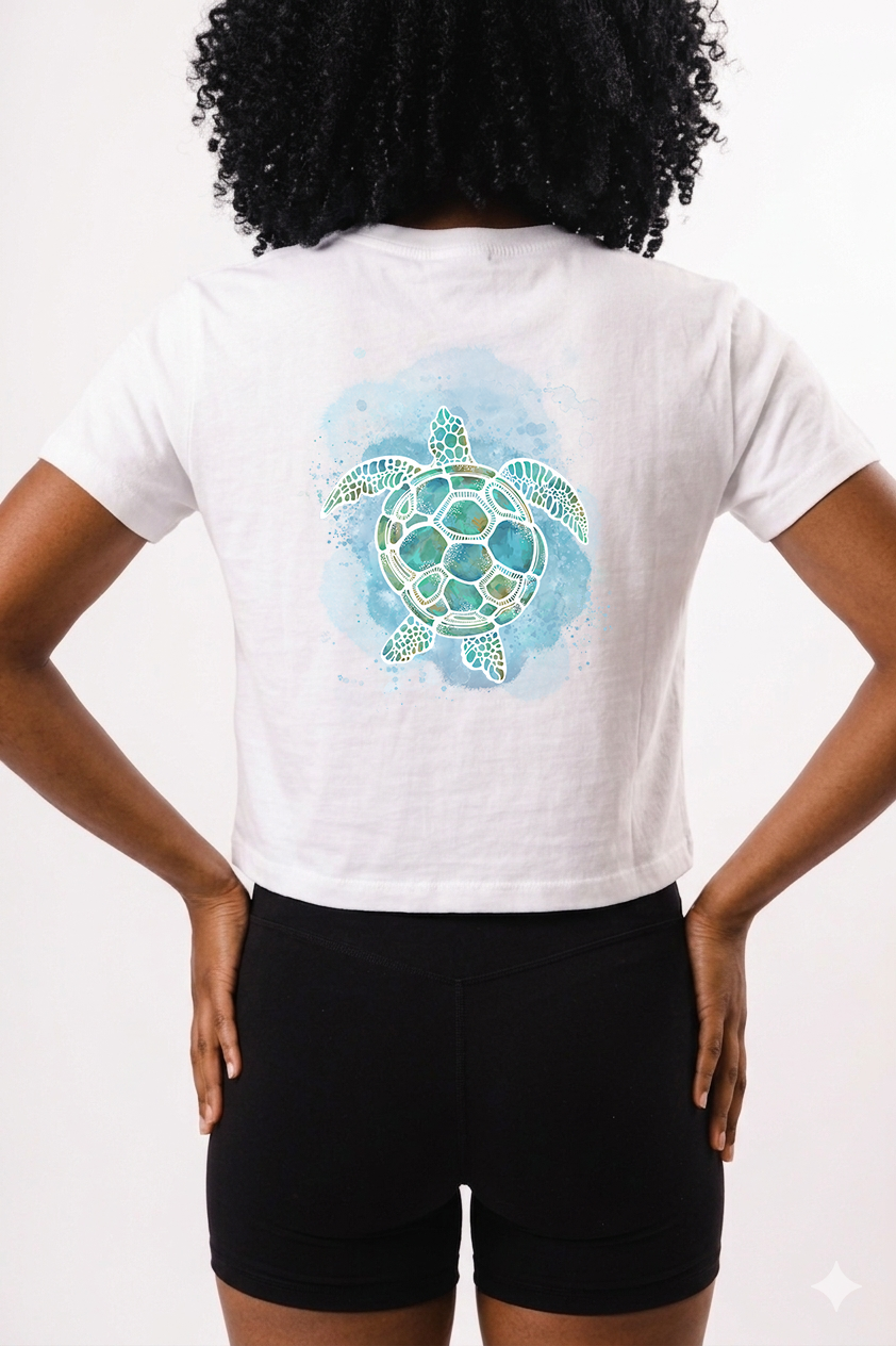 Turtle T-shirts Hand Drawn Watercolour Graphic Cropped Tee - 100% Cotton