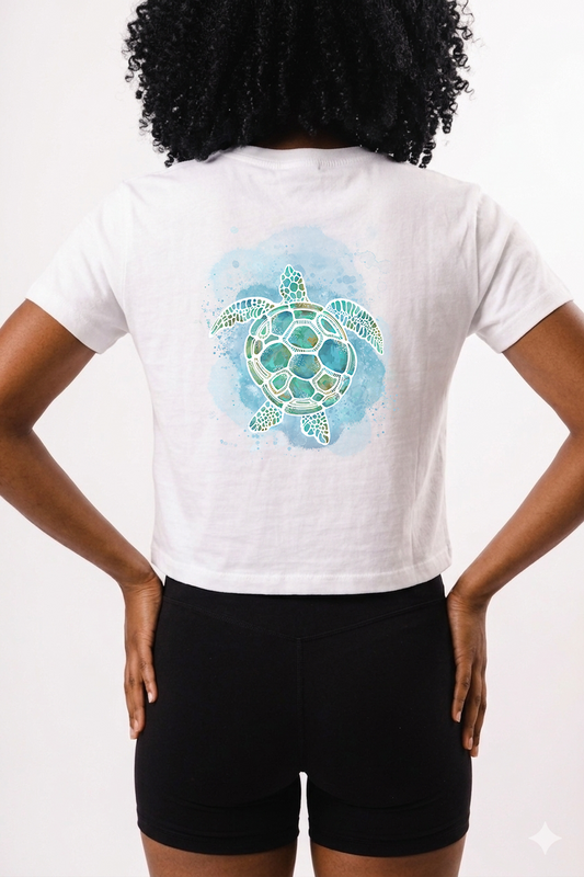 Turtle T-shirts Hand Drawn Watercolour Graphic Cropped Tee - 100% Cotton