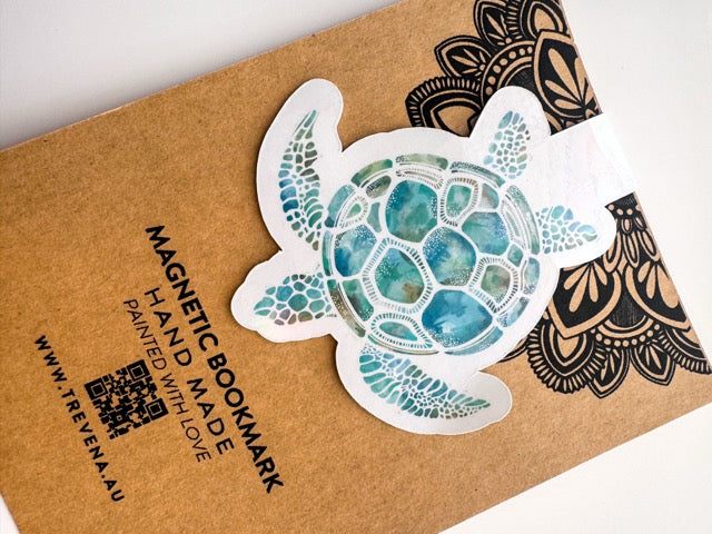 Turtle Magnetic Book Mark – Watercolour Ocean Animal Art Illustration – in situ