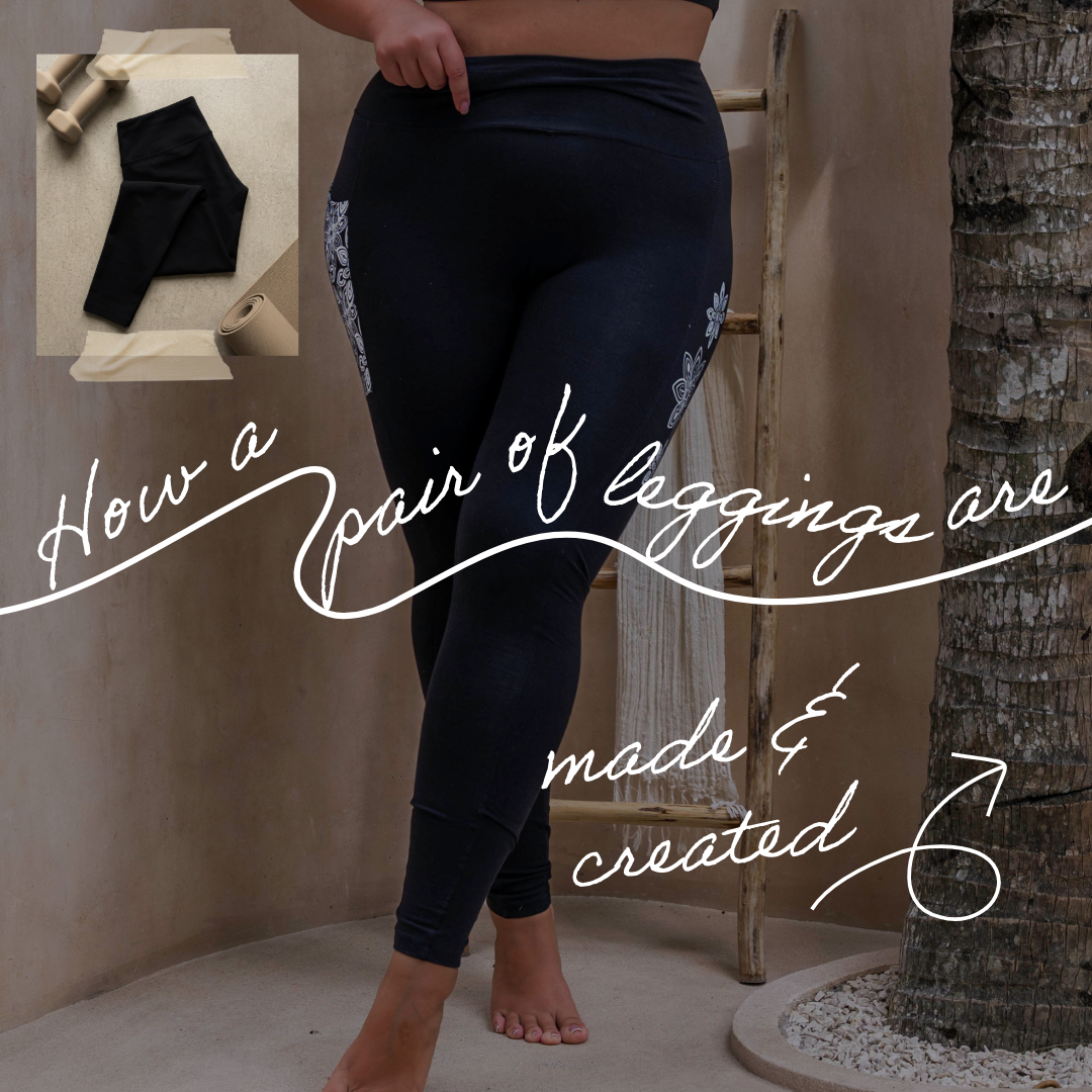 Person wearing black organic GOTS  leggings with text about legging production.