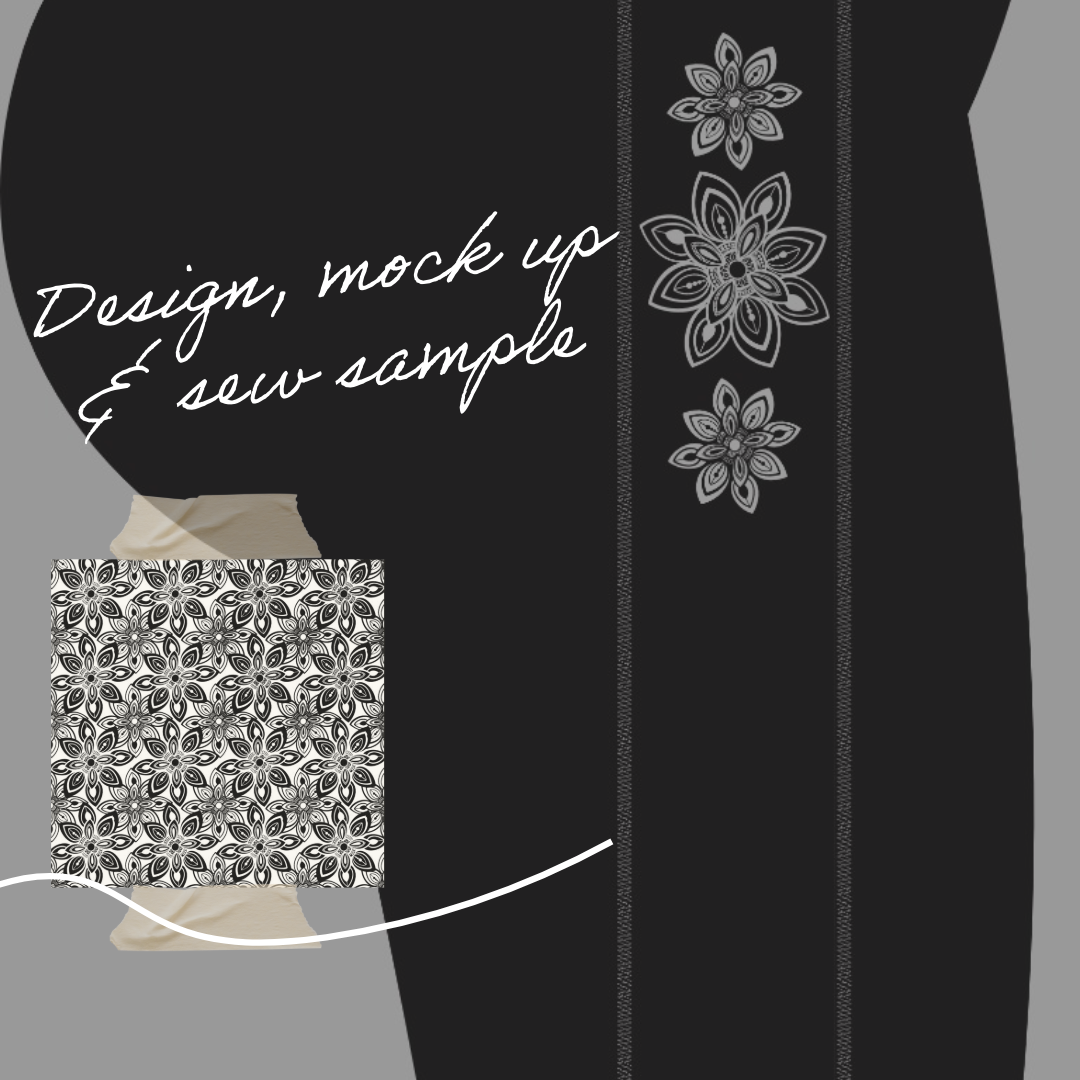 Black garment with floral patterns and text 'Design, mock up & sew sample' on a gray background