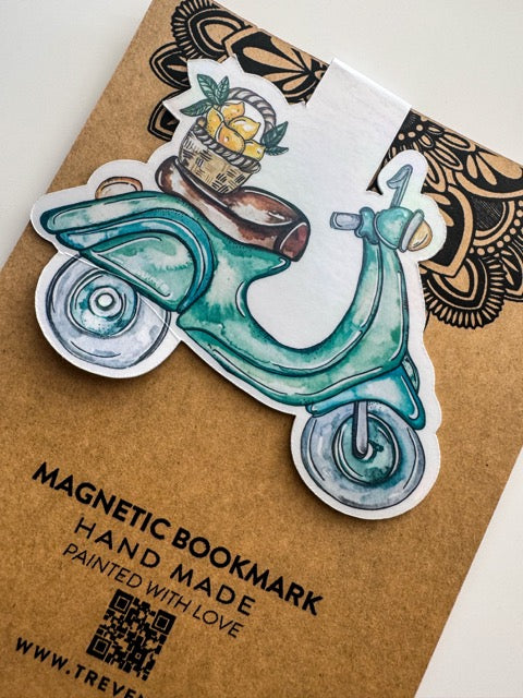 Vespa Bike Magnetic Book Mark – Watercolour European Summer Art Illustration – full view