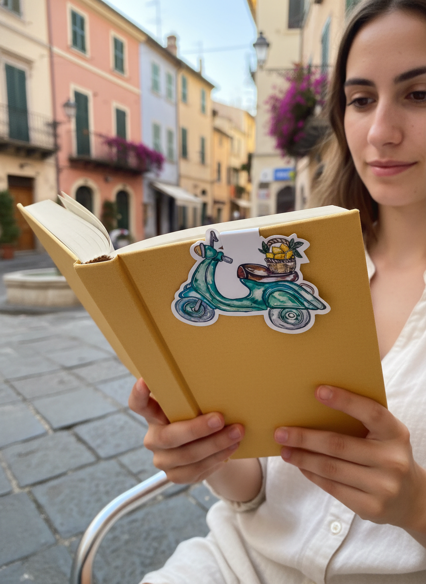 Vespa Bike Magnetic Book Mark – Watercolour European Summer Art Illustration – close up detail