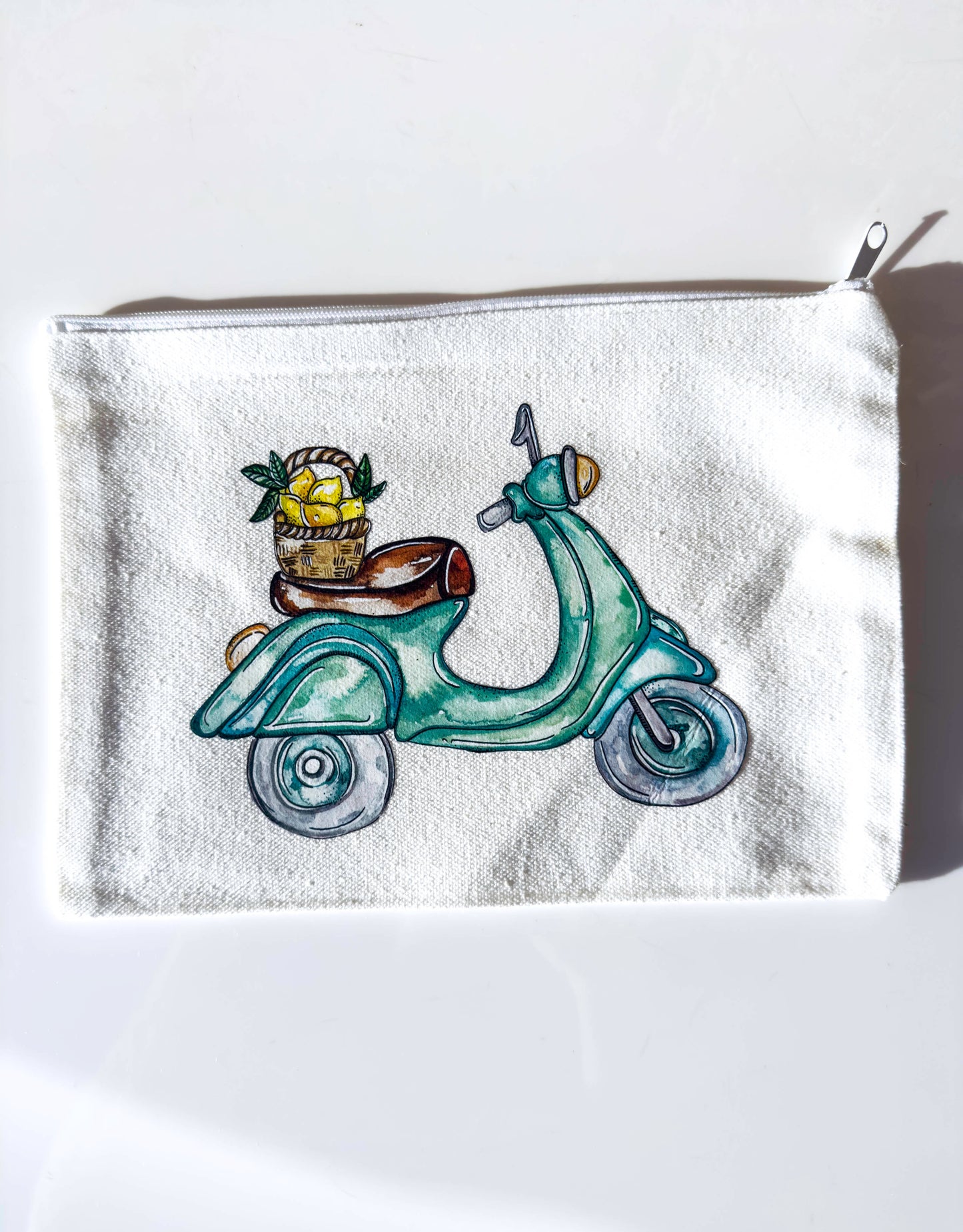 Vespa Bike Make-up Bag | Canvas Pouch with Artisan Watercolour Illustration – Art You Can Carry – close up detail