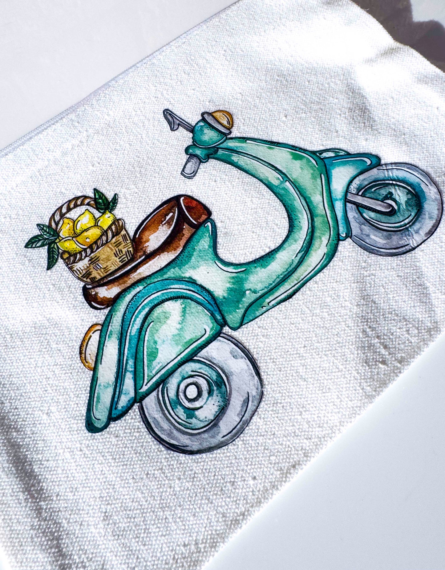 Vespa Bike Make-up Bag | Canvas Pouch with Artisan Watercolour Illustration – Art You Can Carry – full view