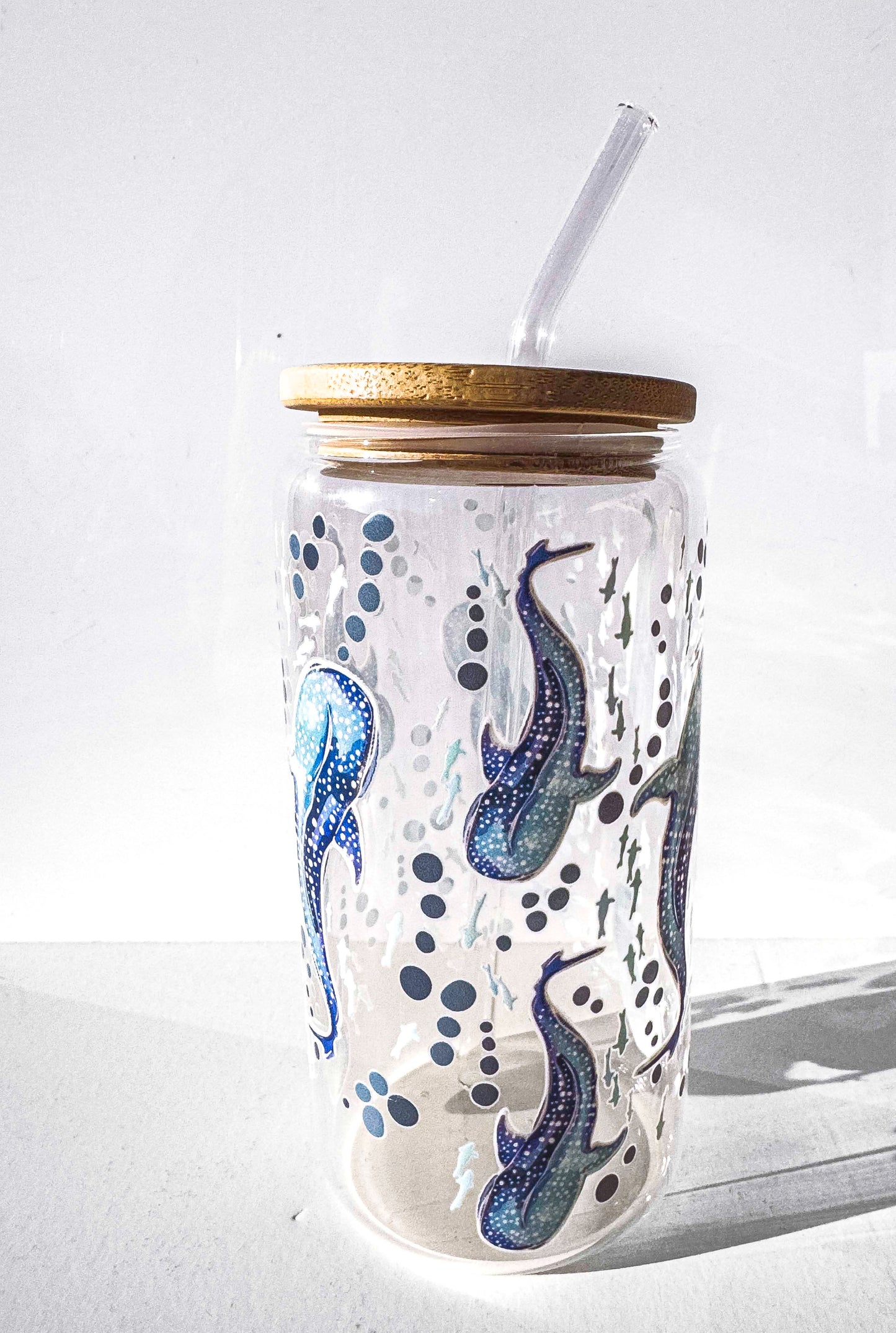Whale Shark Glass Tumblers Drinking Cup with Lid - Hand Drawn Illustraion UV DTF stickers
