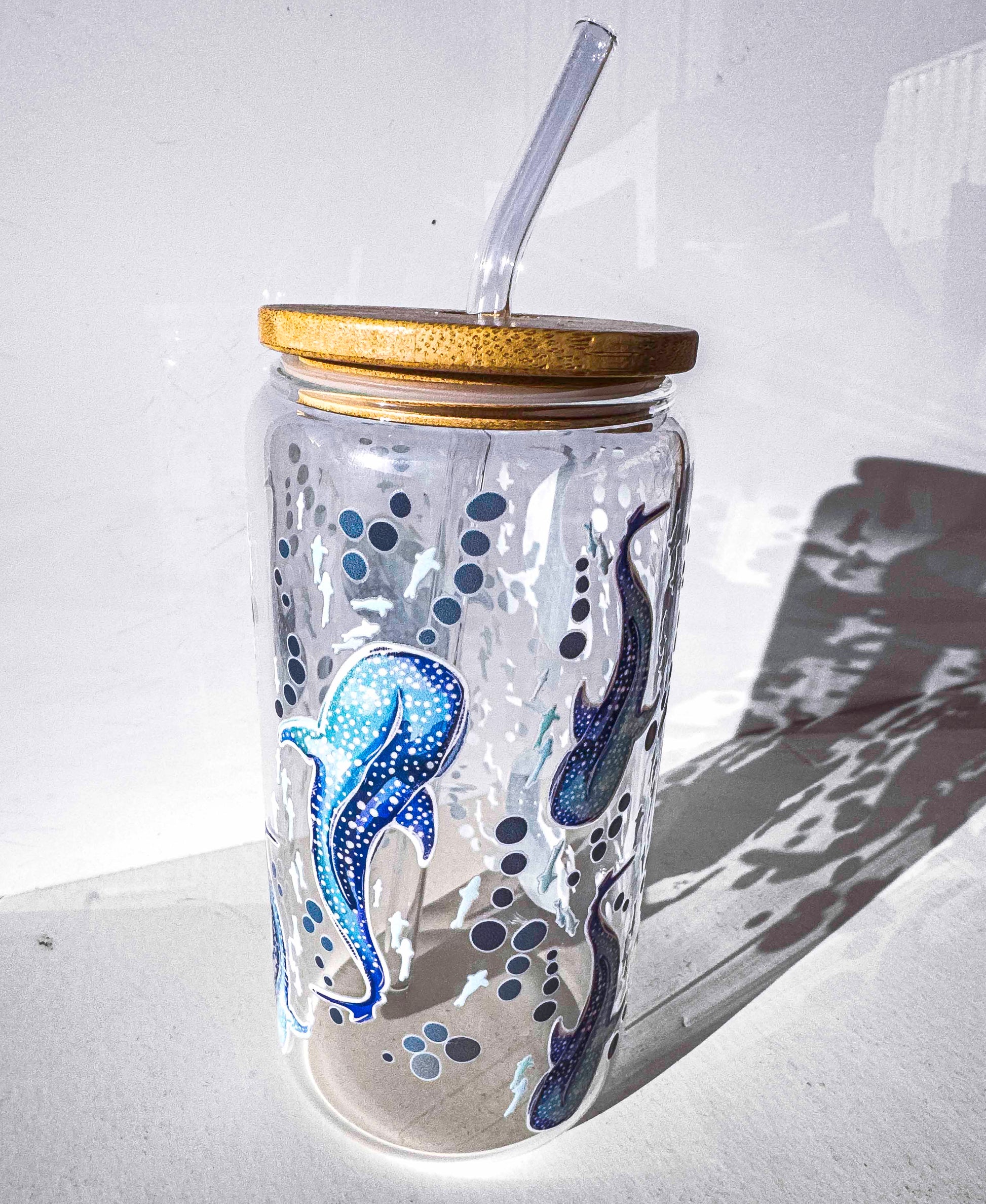 Whale Shark Glass Tumblers Drinking Cup with Lid - Hand Drawn Illustraion UV DTF stickers – close up detail