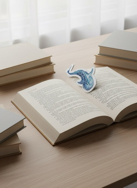 Whale Shark Magnetic Book Mark – Watercolour Ocean Animal Art – in situ