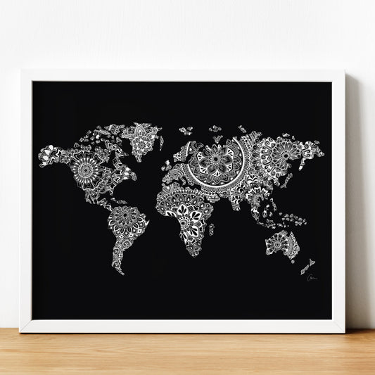 World Map Mandala - Black and White