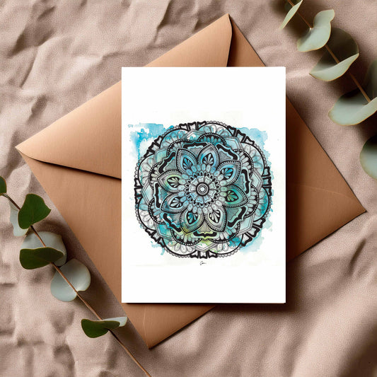 Blue / Green Mandala Greeting Card – Winter Watercolour with Geometric Drawing