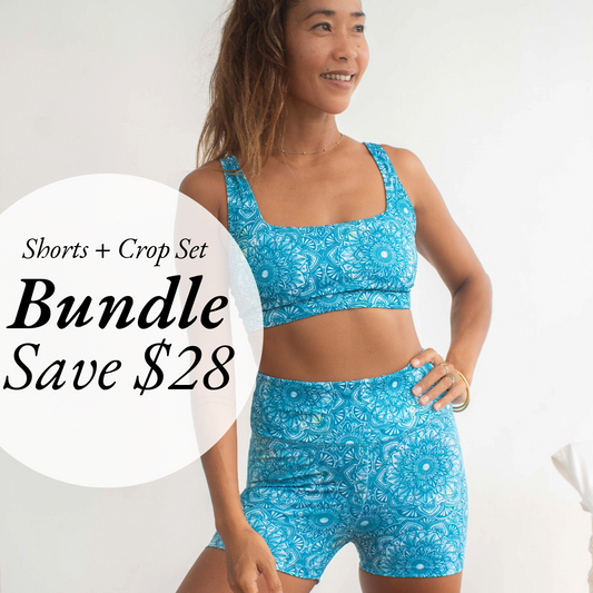 Bike Shorts + Crop Activewear Set - Patterned Mandala Turquoise Blue