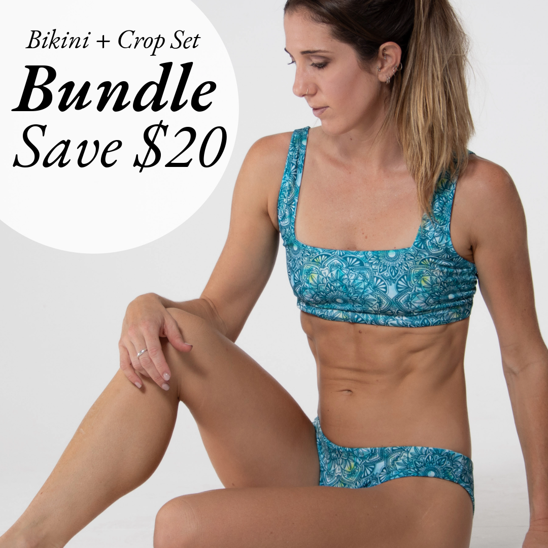 Surf Crop + V-cut Bikini Set - Mandala Turquoise Patterned